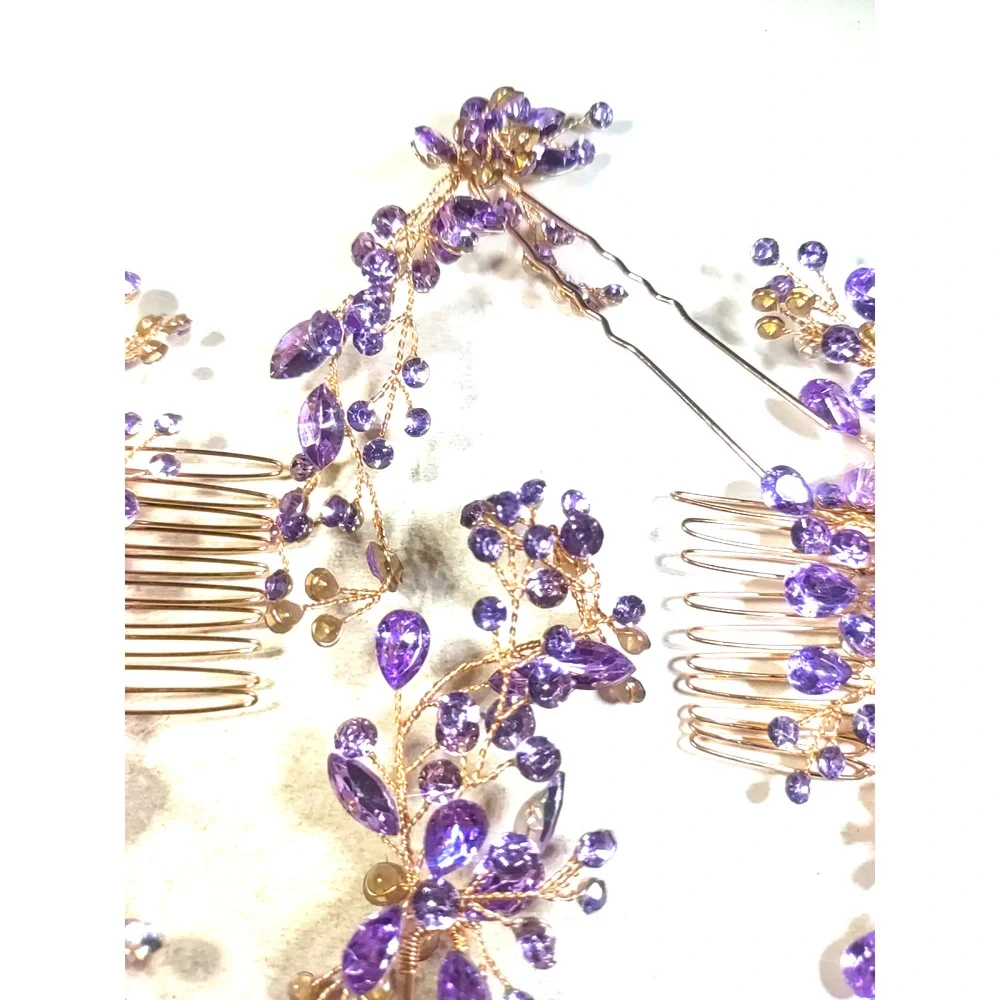 Barrettes Hair Picks And Combs Gold Tone Purple Rhinestone Fancy Party Prom...